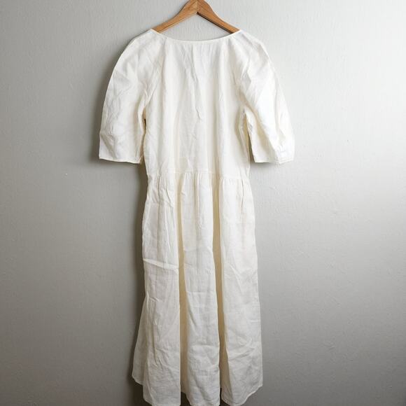 Everlane Linen Puff Sleeve Midi Dress Bone Cream Ivory White Size Medium NEW - Picture 11 of 12